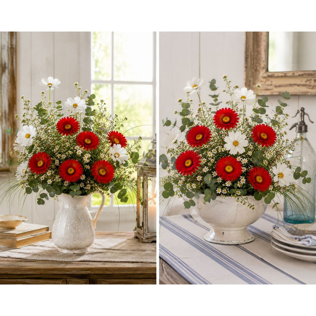 Red Artificial Daisy Stems Set of 5, 20 Inch Faux Silk Flowers, 25 Blooms, Cottage Farmhouse Floral Decor