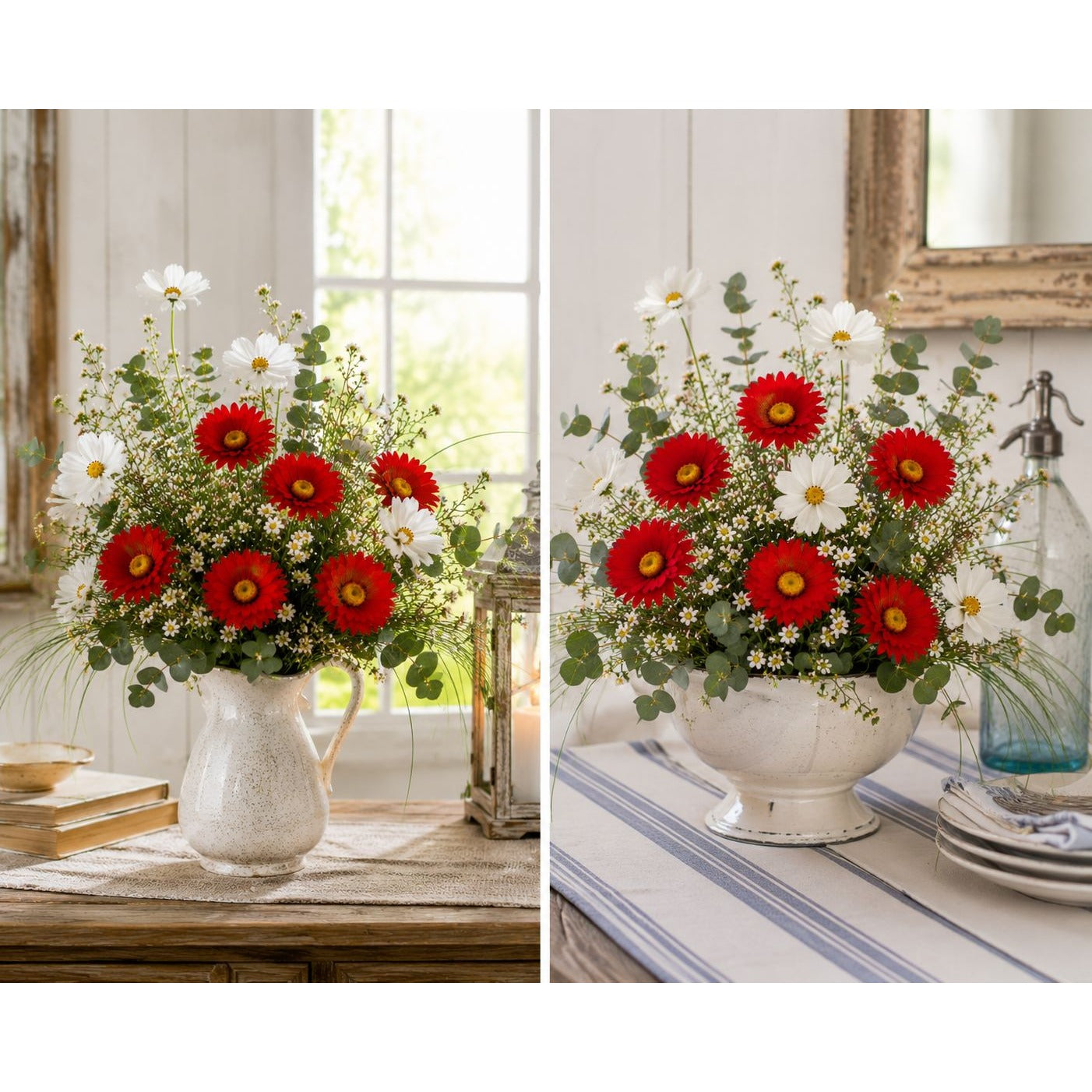 Red Artificial Daisy Stems Set of 5, 20 Inch Faux Silk Flowers, 25 Blooms, Cottage Farmhouse Floral Decor