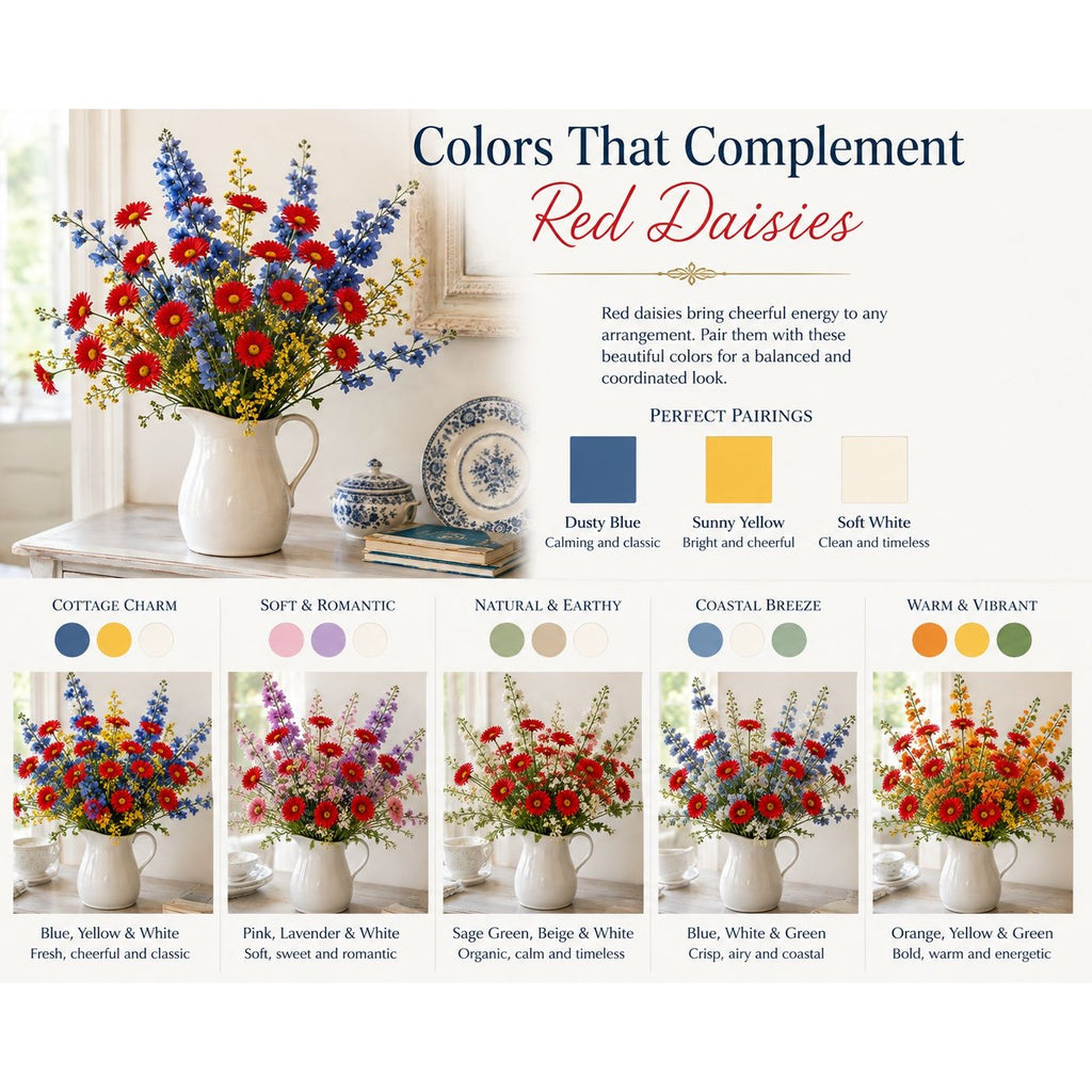 Red Artificial Daisy Stems Set of 5, 20 Inch Faux Silk Flowers, 25 Blooms, Cottage Farmhouse Floral Decor