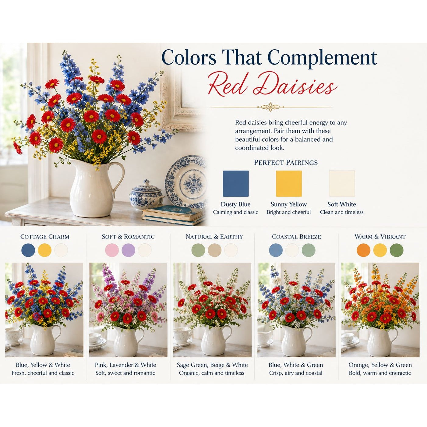 Red Artificial Daisy Stems Set of 5, 20 Inch Faux Silk Flowers, 25 Blooms, Cottage Farmhouse Floral Decor