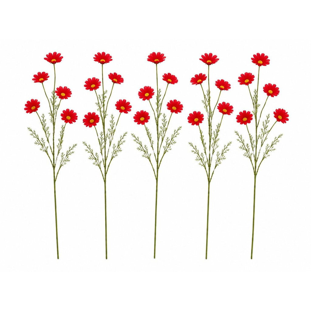 Red Artificial Daisy Stems Set of 5, 20 Inch Faux Silk Flowers, 25 Blooms, Cottage Farmhouse Floral Decor