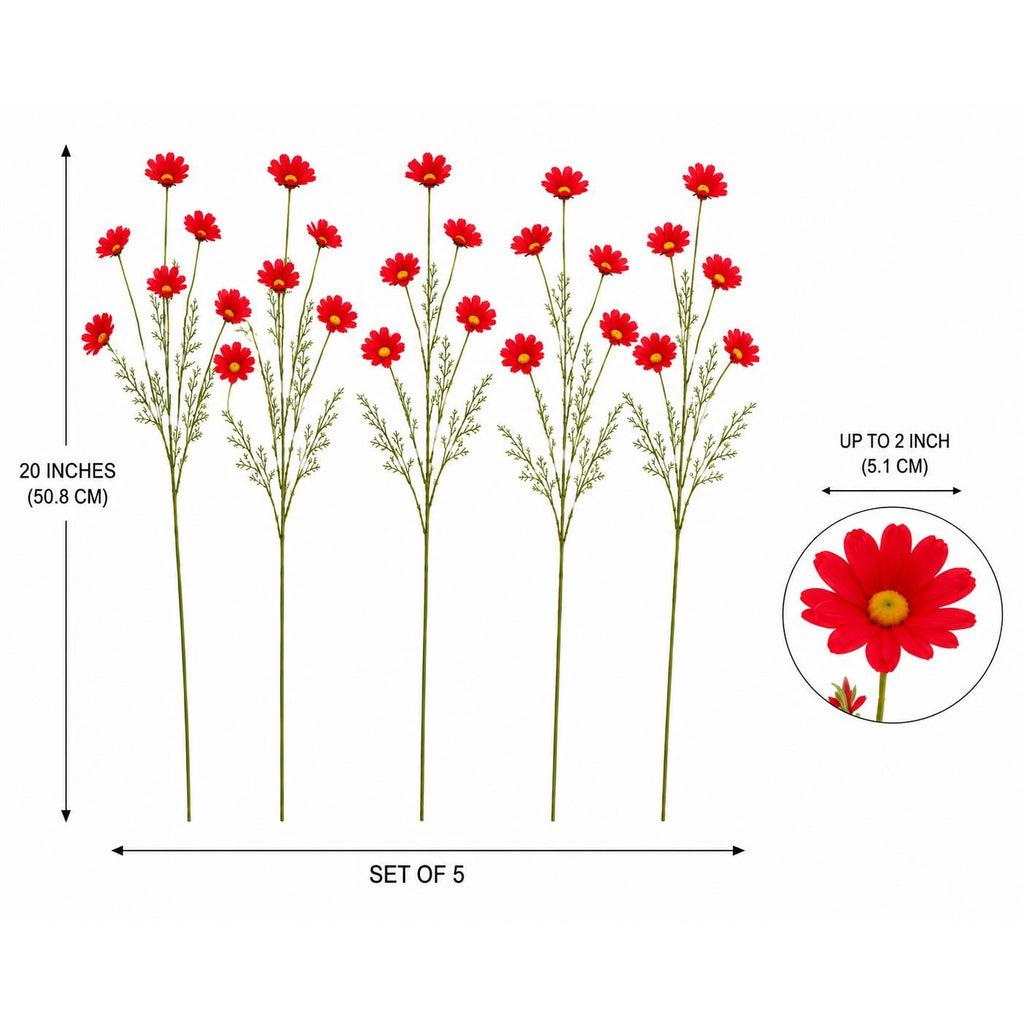 Red Artificial Daisy Stems Set of 5, 20 Inch Faux Silk Flowers, 25 Blooms, Cottage Farmhouse Floral Decor