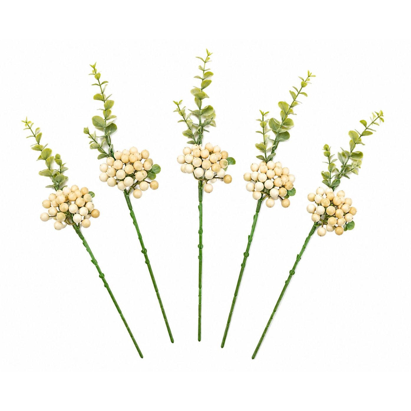 Artificial Cream Berry Picks with Eucalyptus, Set of 5, 14 Inch Wired Stems for Wreaths and Centerpieces