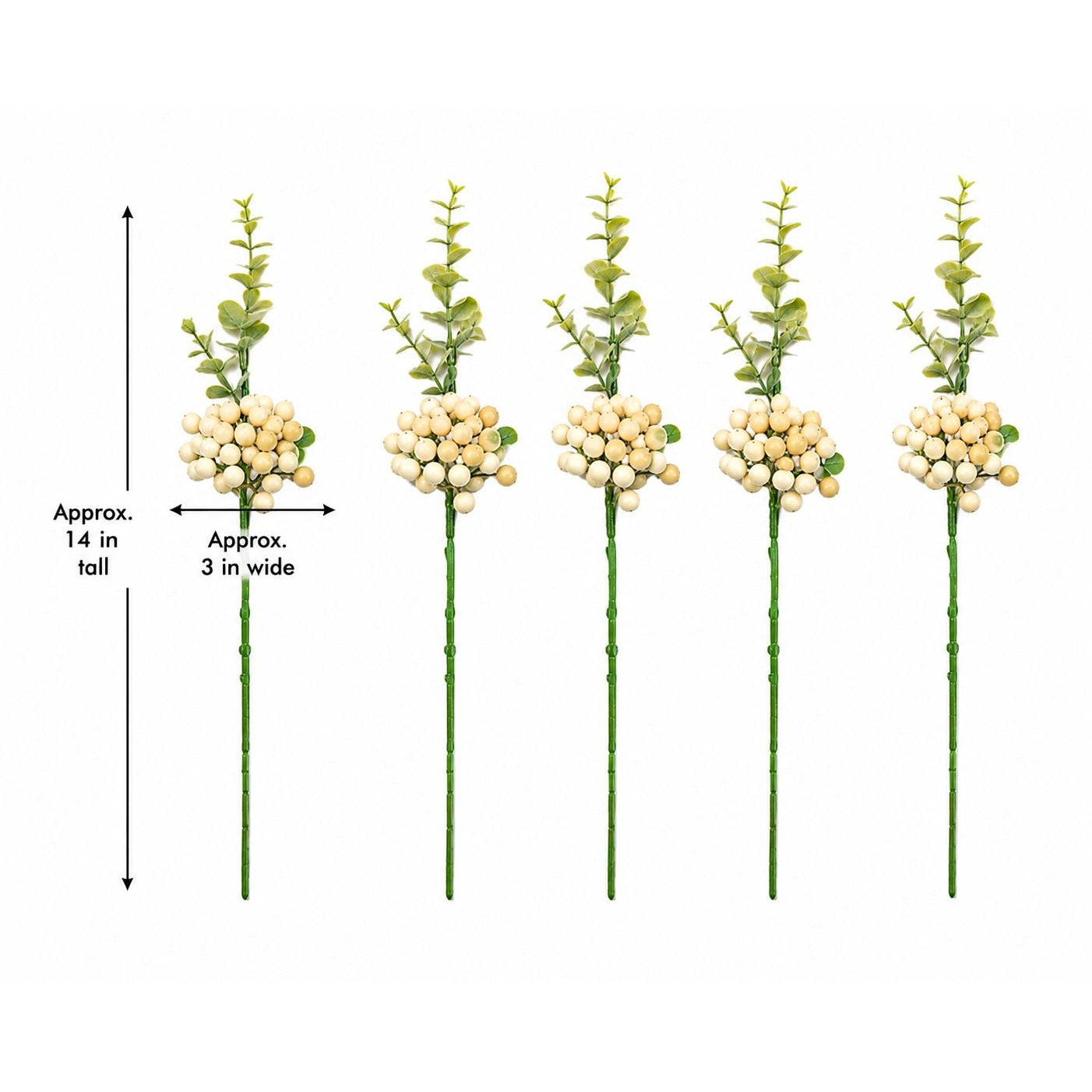 Artificial Cream Berry Picks with Eucalyptus, Set of 5, 14 Inch Wired Stems for Wreaths and Centerpieces