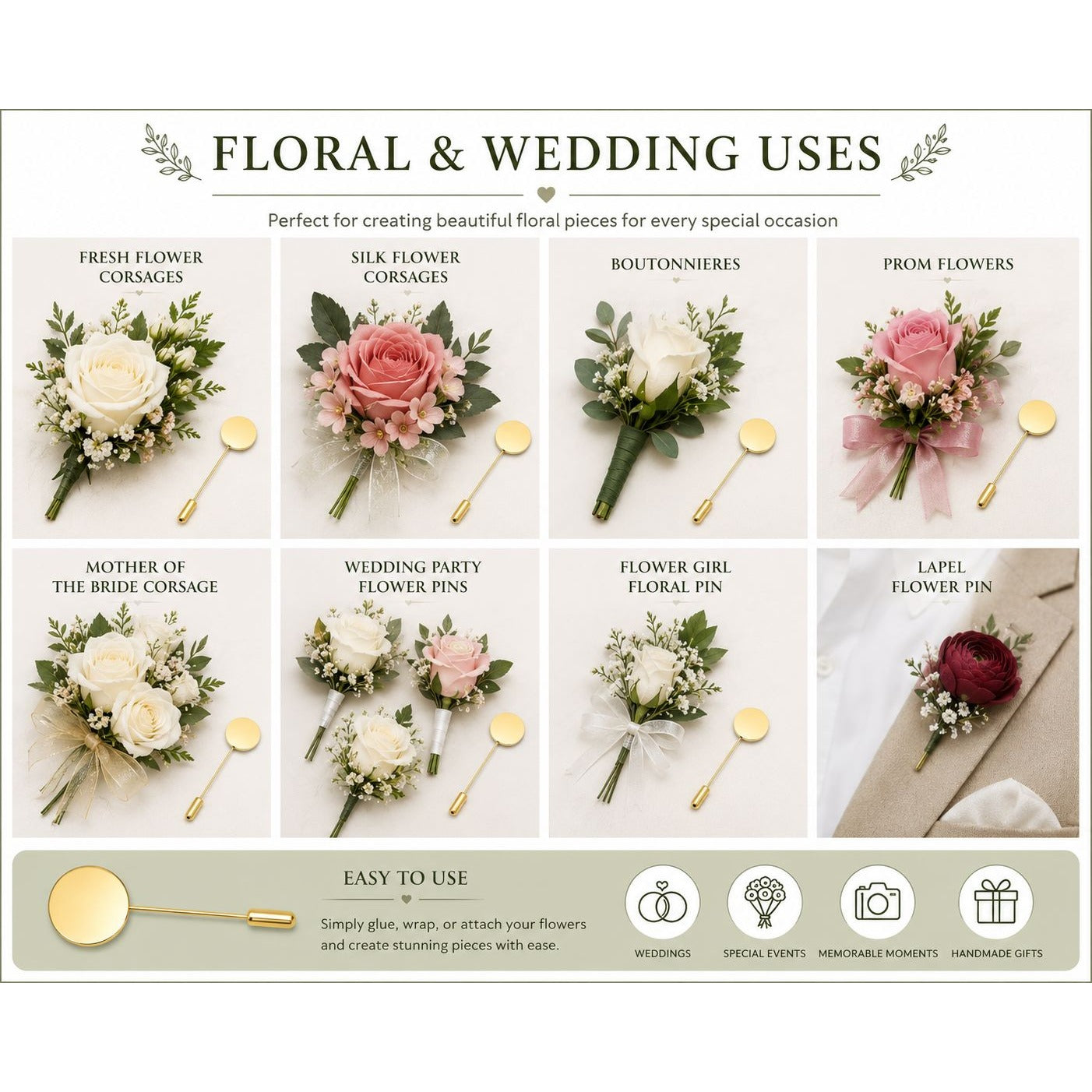 Floral and wedding use products with various flower arrangements on a white background.