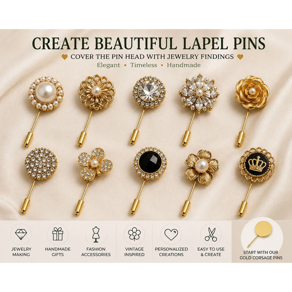 Collection of decorative lapel pins with jewelry findings on a beige background