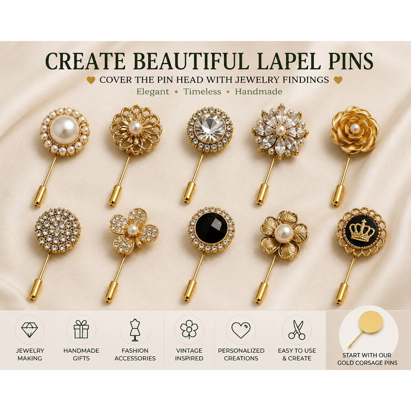 Collection of decorative lapel pins with jewelry findings on a beige background