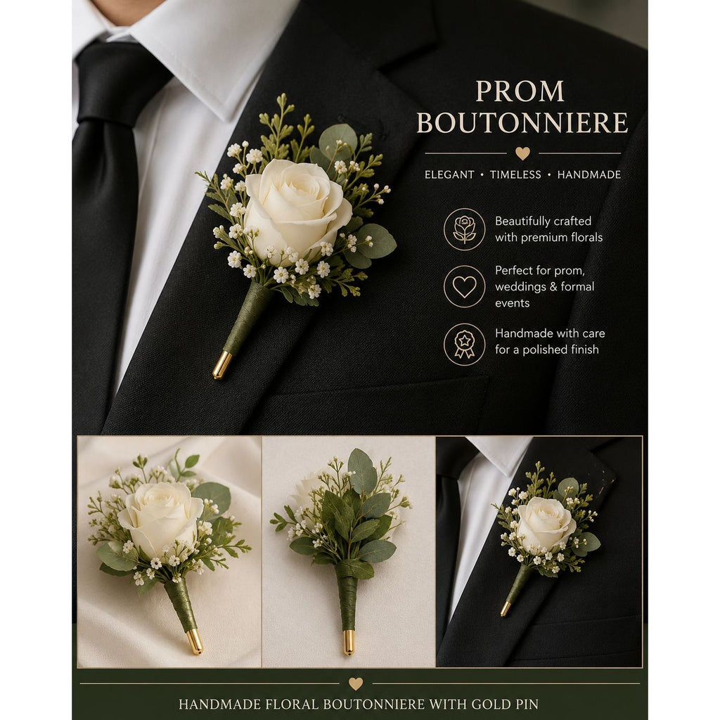 Prom boutonniere with white roses and greenery on a black suit jacket, featuring text about the product.