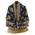 Blue Gold Paisley Jacquard Scarf Shawl Fringe Boho Wrap Women 72x28 Inch