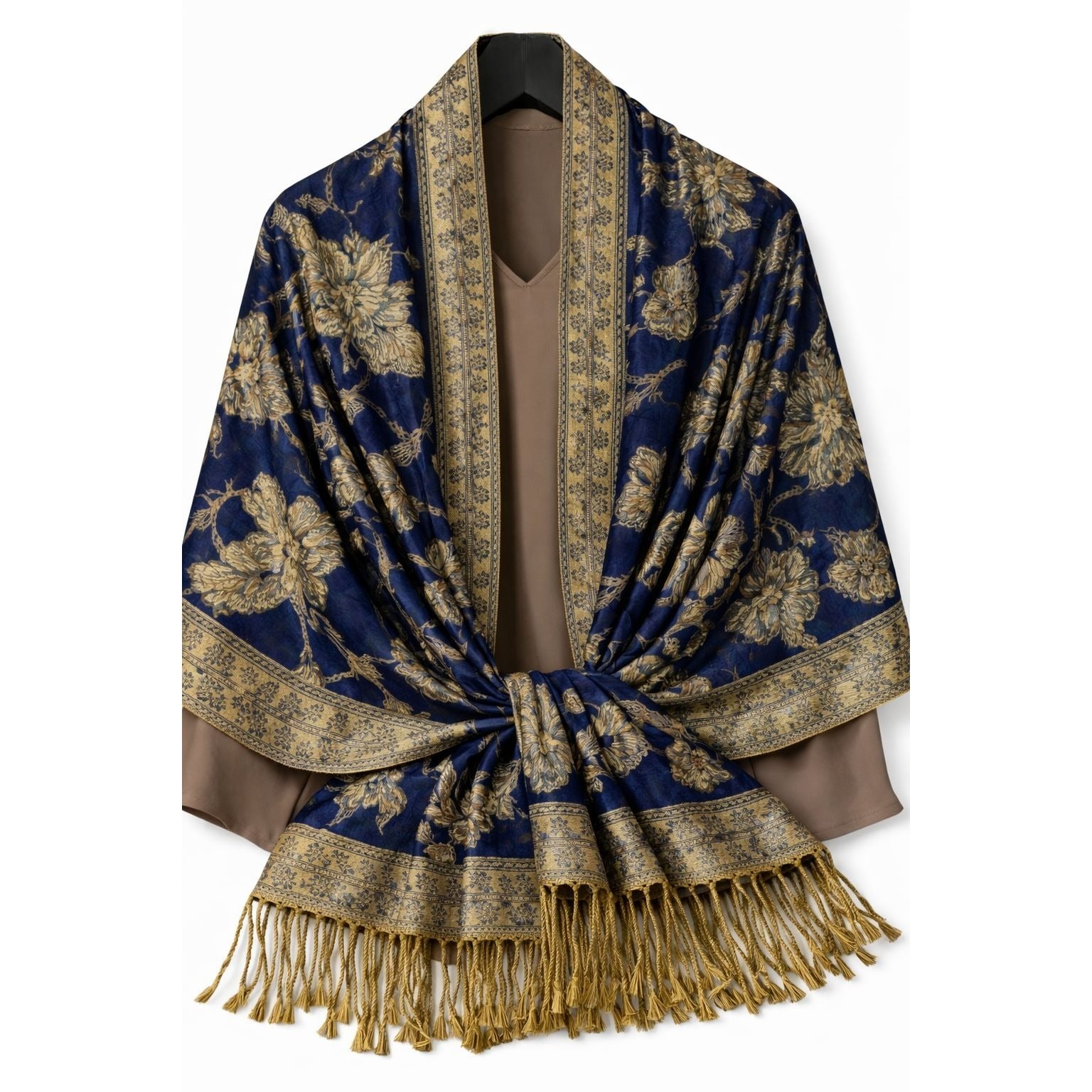 Blue Gold Paisley Jacquard Scarf Shawl Fringe Boho Wrap Women 72x28 Inch