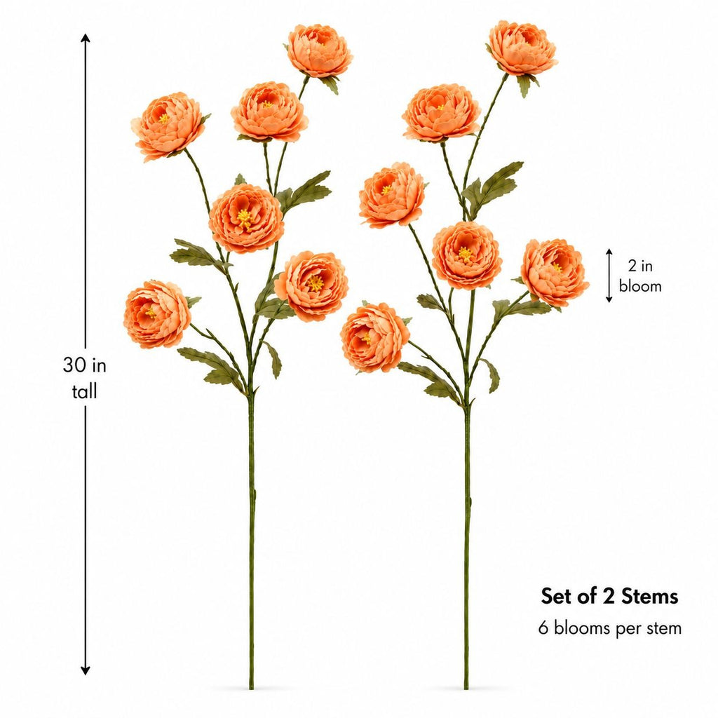 Apricot Peach Ranunculus Peony Stems Set of 2, 30 Inch Artificial Flowers for Fall Wreaths Wedding Bouquets