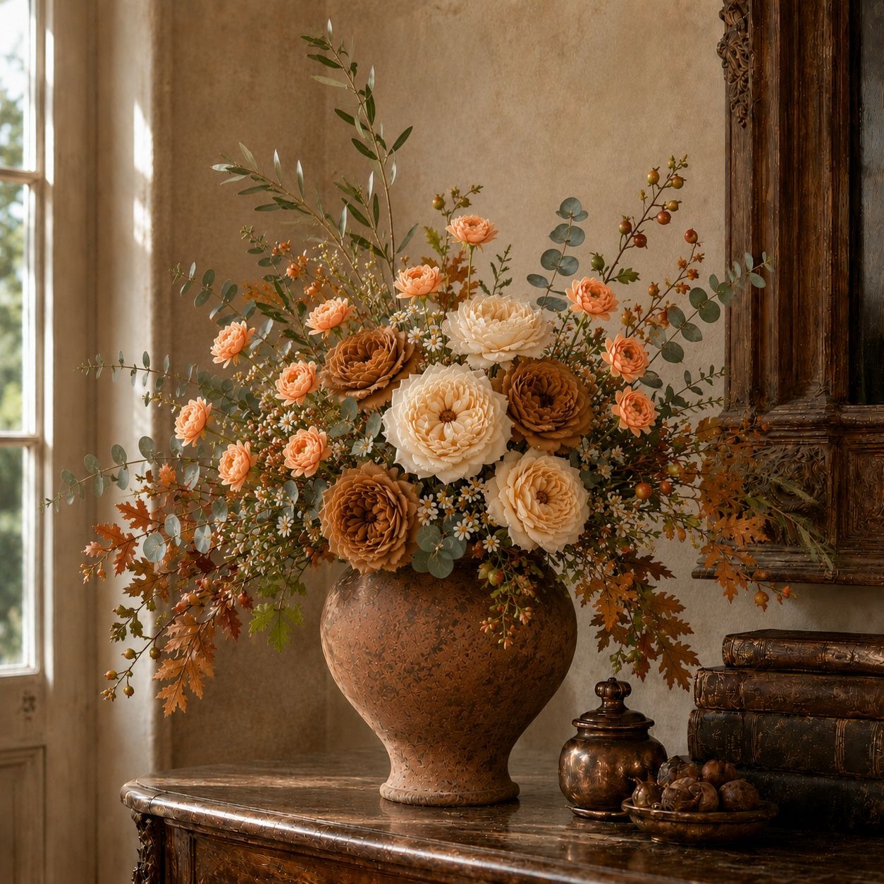 Apricot Peach Ranunculus Peony Stems Set of 2, 30 Inch Artificial Flowers for Fall Wreaths Wedding Bouquets