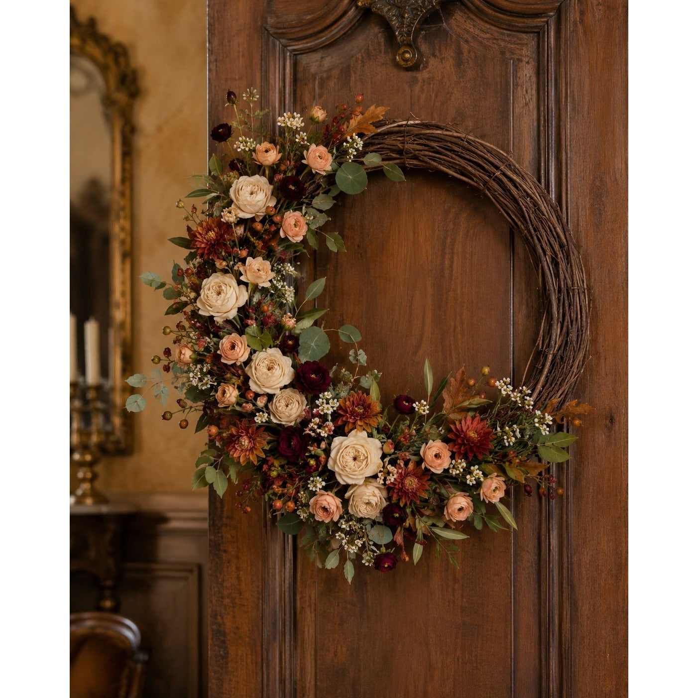 Apricot Peach Ranunculus Peony Stems Set of 2, 30 Inch Artificial Flowers for Fall Wreaths Wedding Bouquets