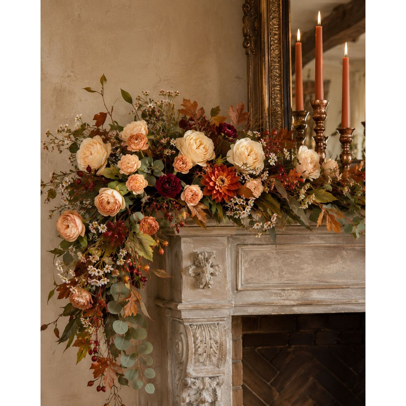 Apricot Peach Ranunculus Peony Stems Set of 2, 30 Inch Artificial Flowers for Fall Wreaths Wedding Bouquets
