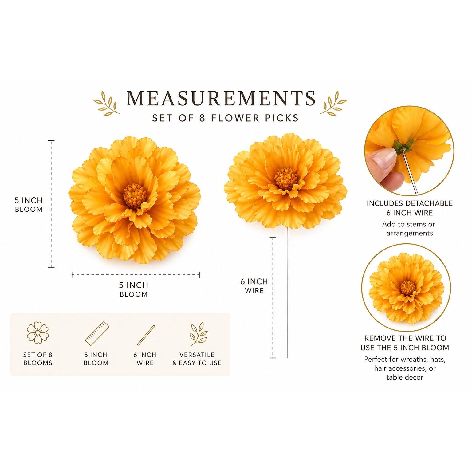 Measurement chart for a set of 8 yellow flower picks with details on bloom size, wire length, and usage.