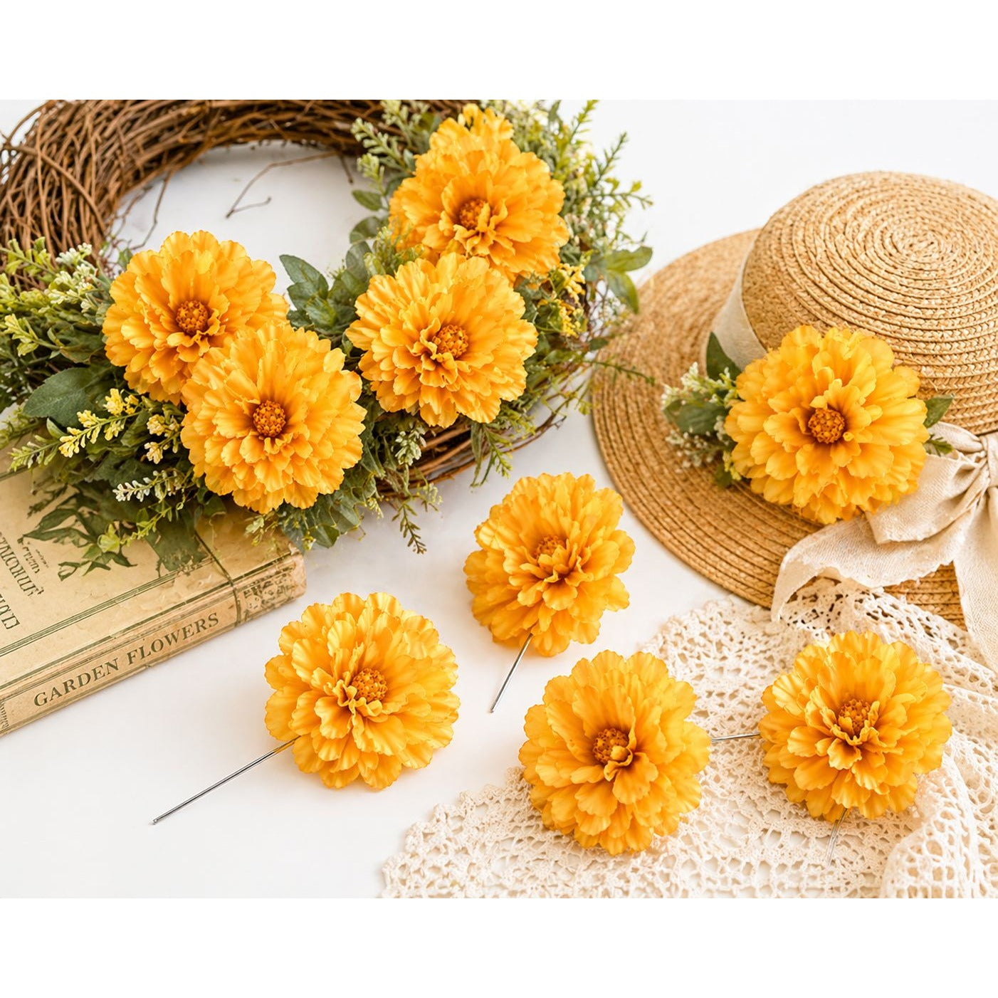 Yellow Peony Flower Picks Set of 8 Golden Yellow Blooms Wired Floral for Wreaths Hats Hair Crafts