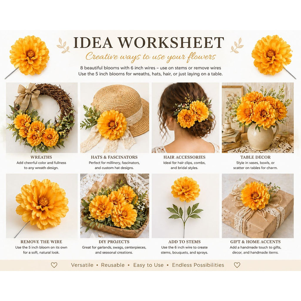 Yellow Peony Flower Picks Set of 8 Golden Yellow Blooms Wired Floral for Wreaths Hats Hair Crafts