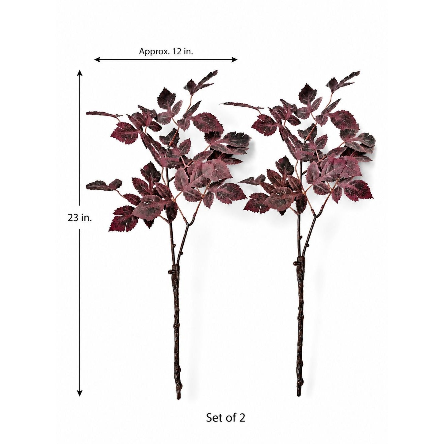 Two artificial leafy branches with dark brown stems and burgundy-purple leaves, shown with dimension arrows indicating a height of 23 inches and width of approximately 12 inches, on a white background.