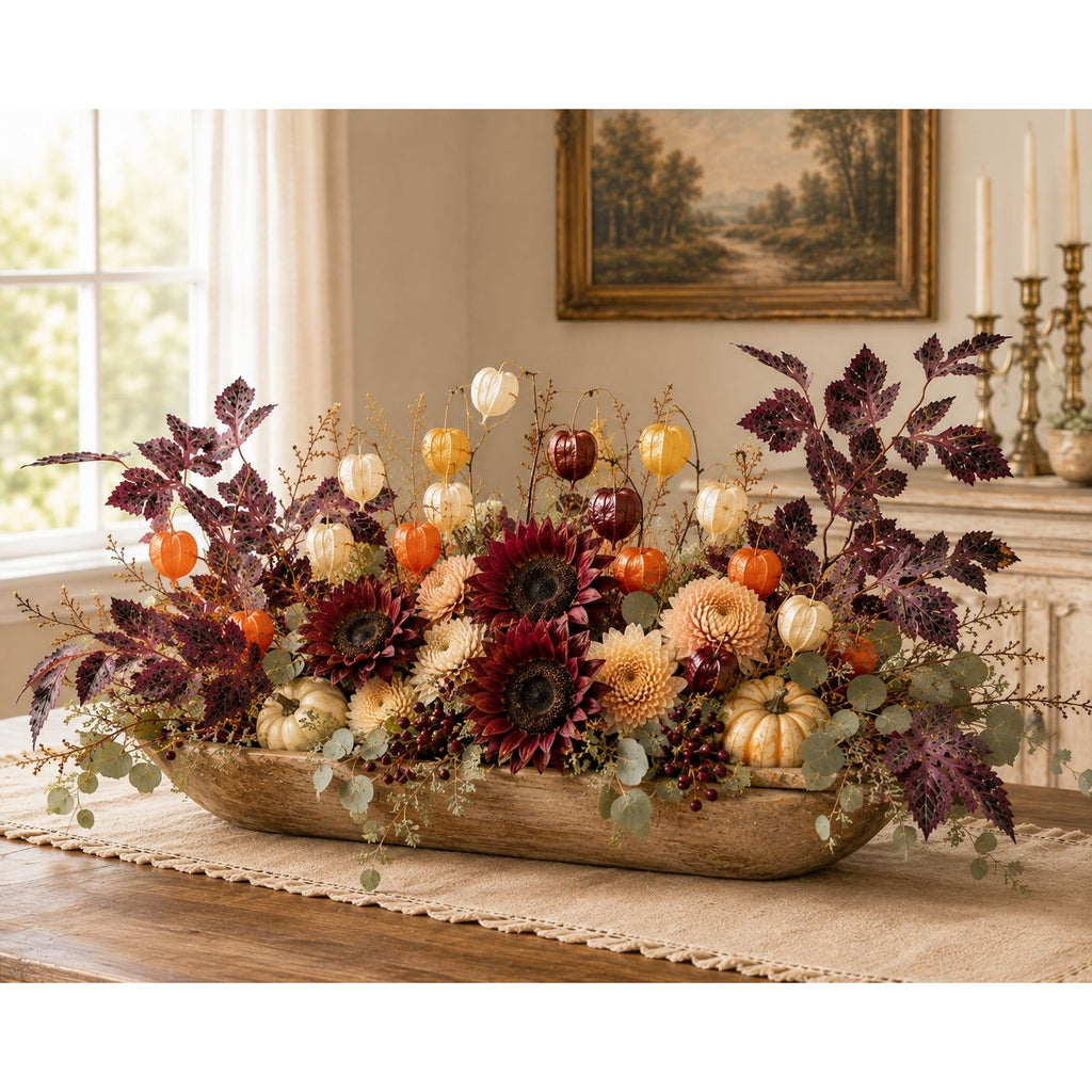 A rustic wooden oval tray filled with a fall floral arrangement featuring burgundy sunflowers, orange pumpkins, cream chrysanthemums, and dark purple foliage, displayed on a table in a warmly lit room.