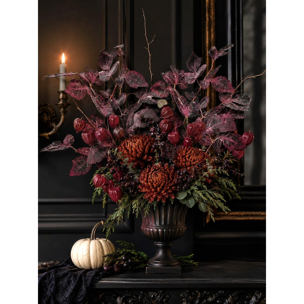 Purple Plum Burgundy Fall Leaf Stems Set of 2, 23 Inch Artificial Silk Foliage, Moody Autumn Floral Spray, Halloween Decor