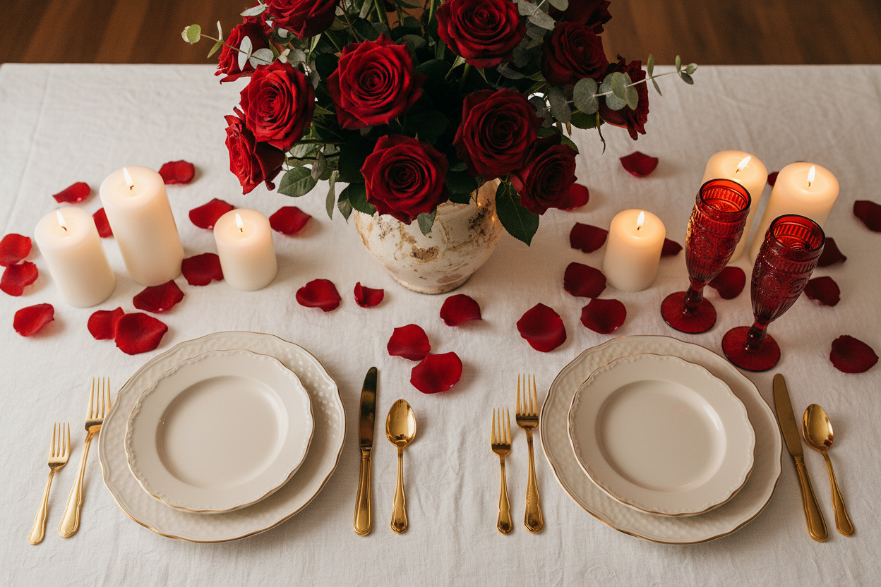 Valentine's Day tablescape with champagne flutes, roses and candles