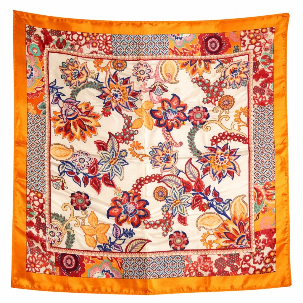 Orange Floral Satin Square Scarf 20x20 Hair Neck Head Wrap Boho Designer Collection: Sunset Bohemian Garden