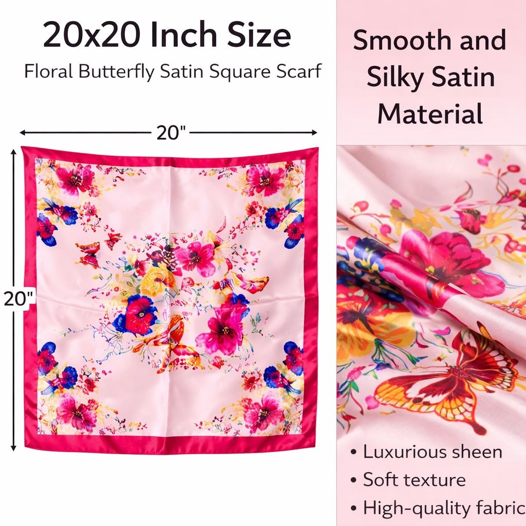 Floral butterfly satin square scarf with measurements and material details.