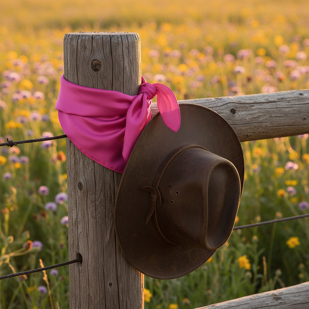 Vibrant pink wild rag draped on fence post at sunset