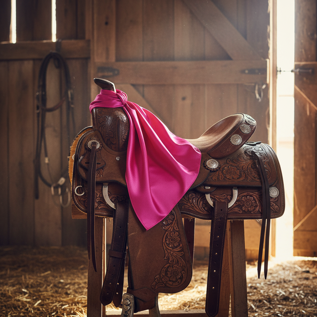 Vibrant pink wild rag draped over western saddle with tack