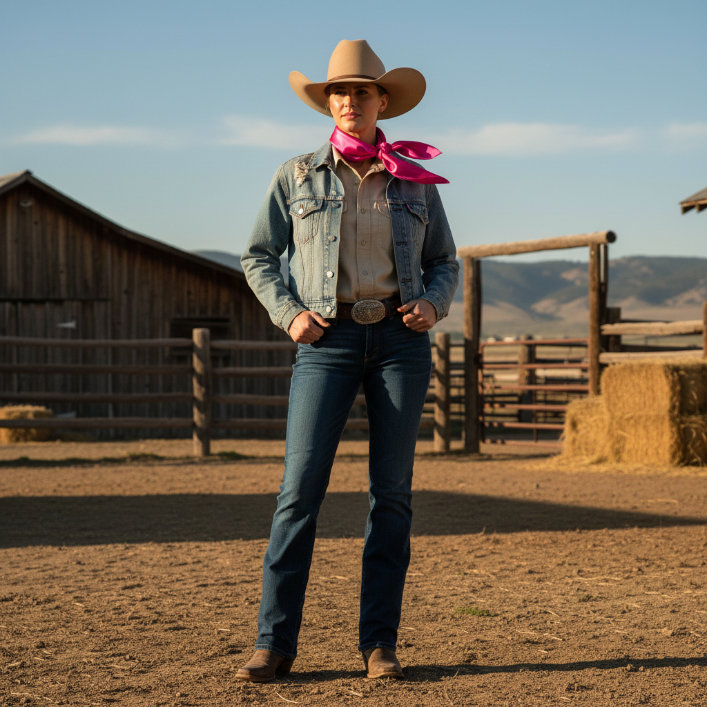 Vibrant pink wild rag scarf doubled around cowgirl's neck
