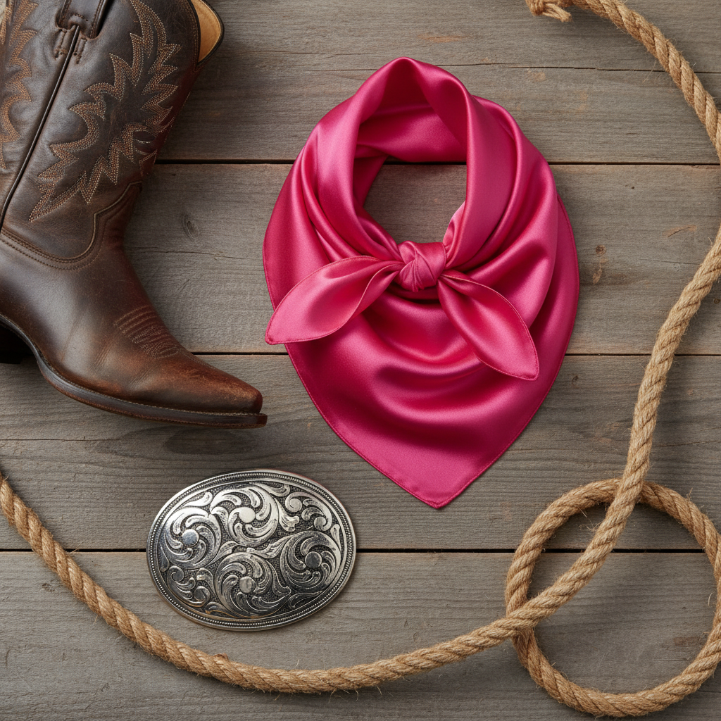 Vibrant pink wild rag styled flat lay with western accessories