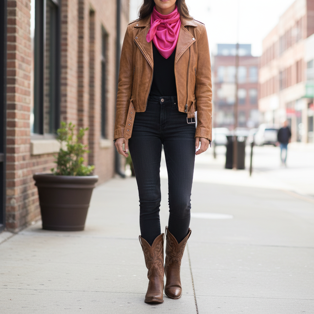 Vibrant pink wild rag styled with leather jacket and boots