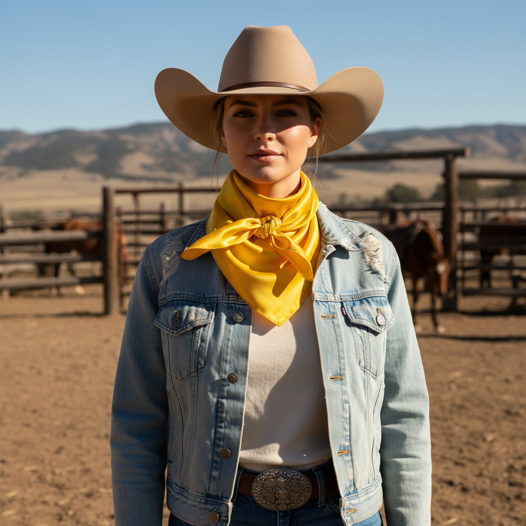 Vibrant yellow wild rag scarf doubled around cowgirl's neck