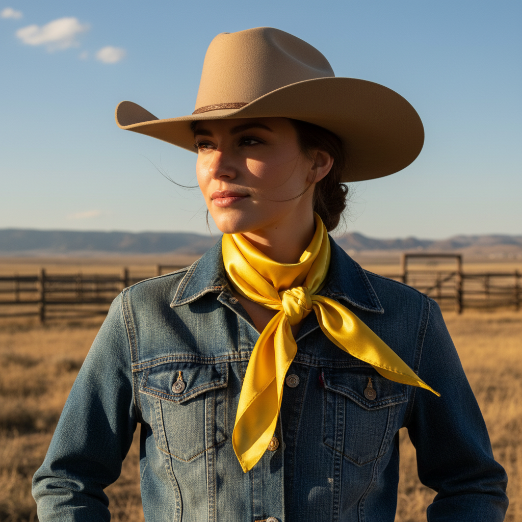 Vibrant yellow wild rag scarf doubled around cowgirl's neck