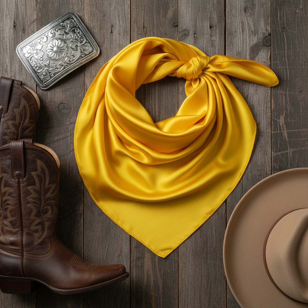 Vibrant yellow wild rag scarf flat lay with western accessories