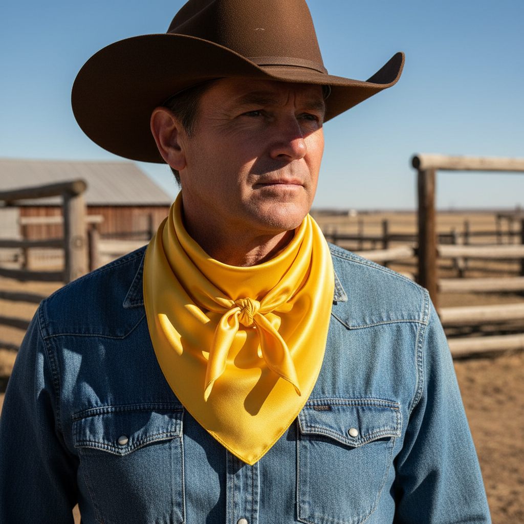 Vibrant yellow wild rag scarf with triangular fold worn by cowboy