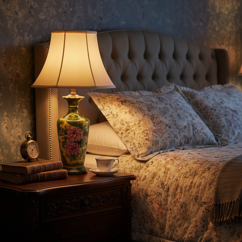 Victorian hand-painted floral table lamp glowing on antique wooden side table in cozy cottagecore reading nook"
