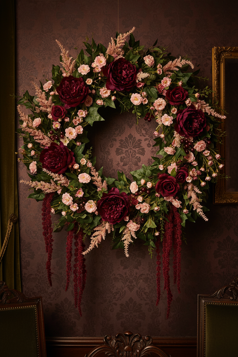 Victorian Wreath — Hanging Amaranthus Burgundy Astilbe Berries