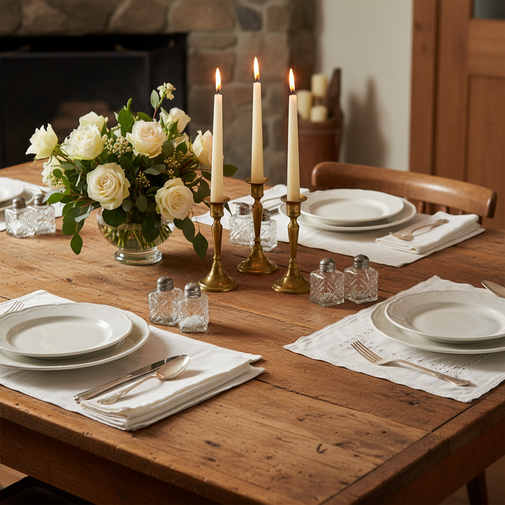 Vintage salt and pepper shakers on rustic dining table setting
