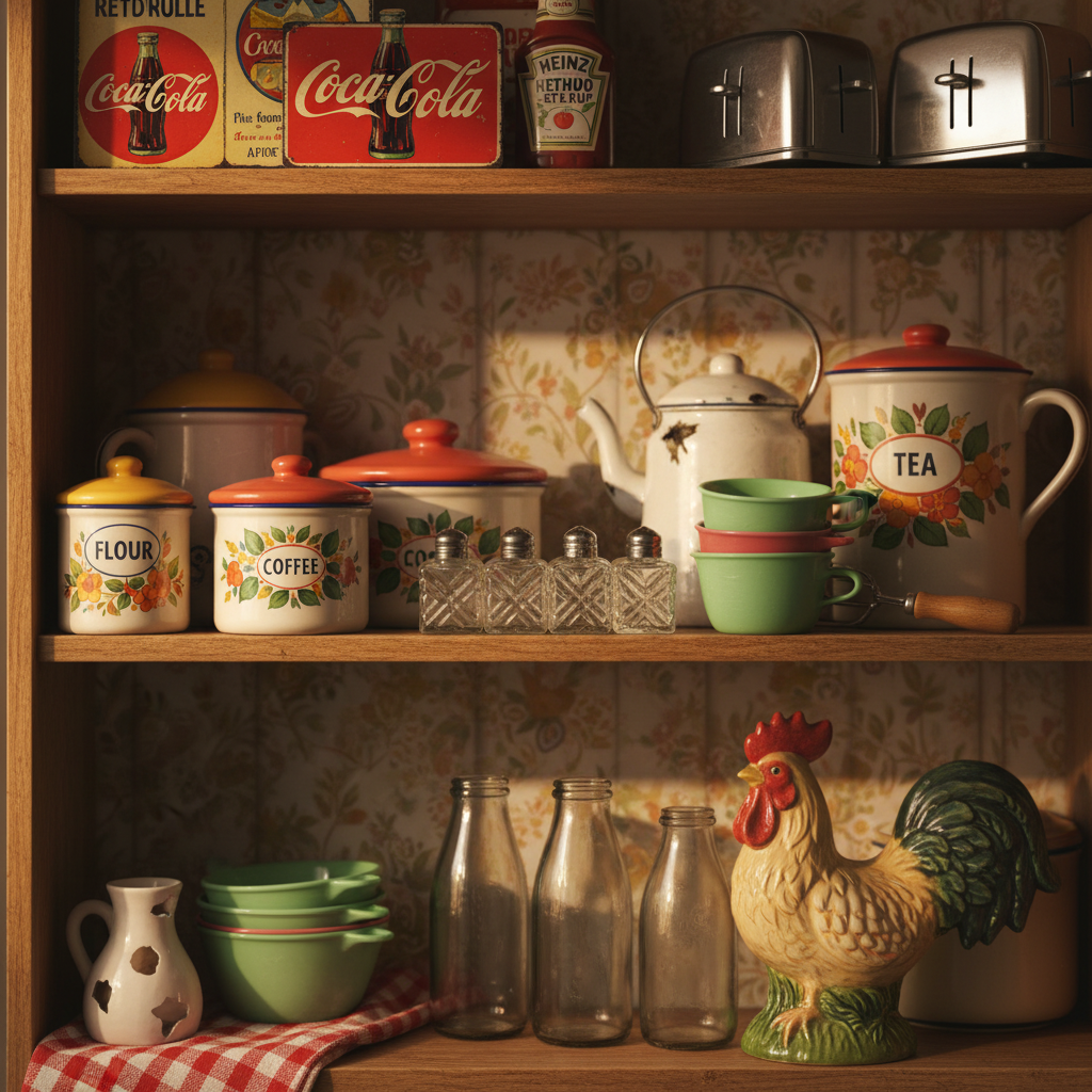 Vintage shakers displayed on shelf with retro collectibles