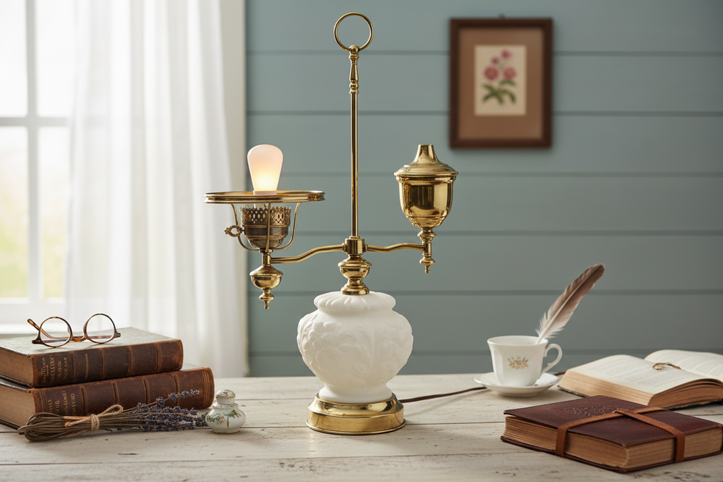 Vintage Victorian Student Lamp Brass Milk Glass Dual Light Desk Lamp Oil Electric Style 24in