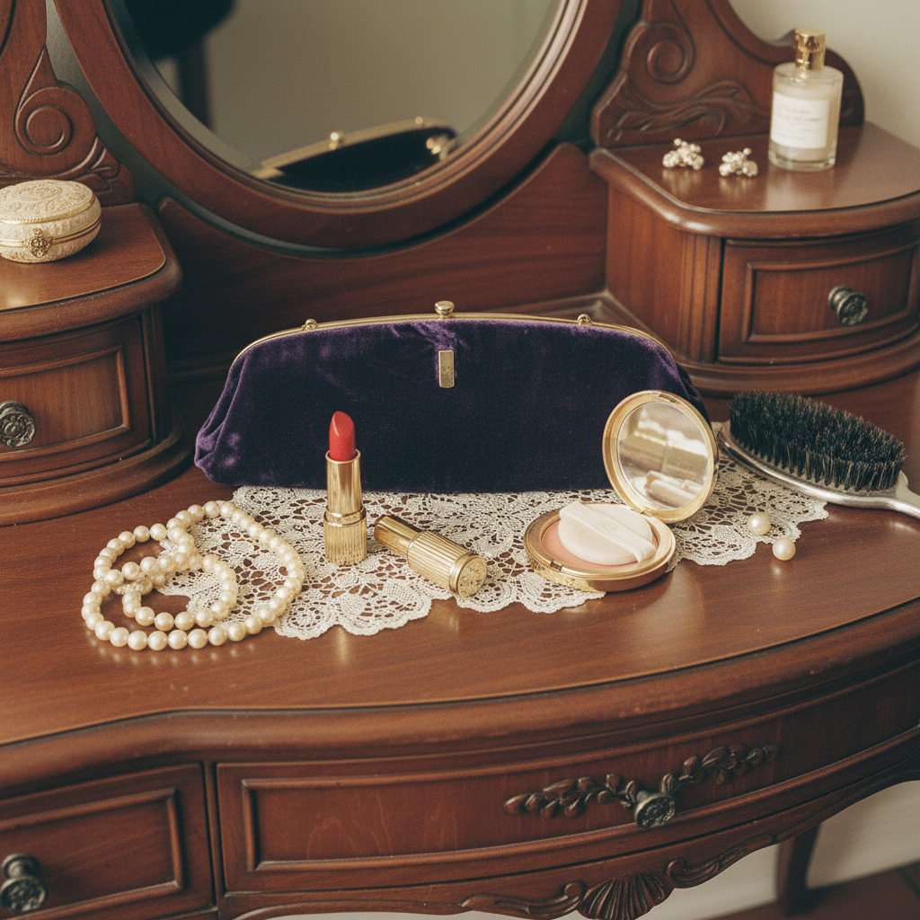 Vintage vanity flat lay with clutch