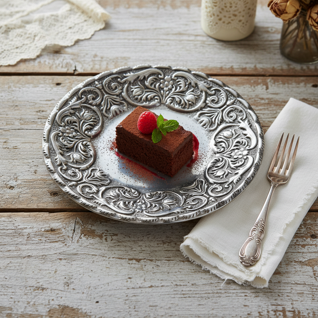Vintage Wilton Armetale plate with dessert on rustic table