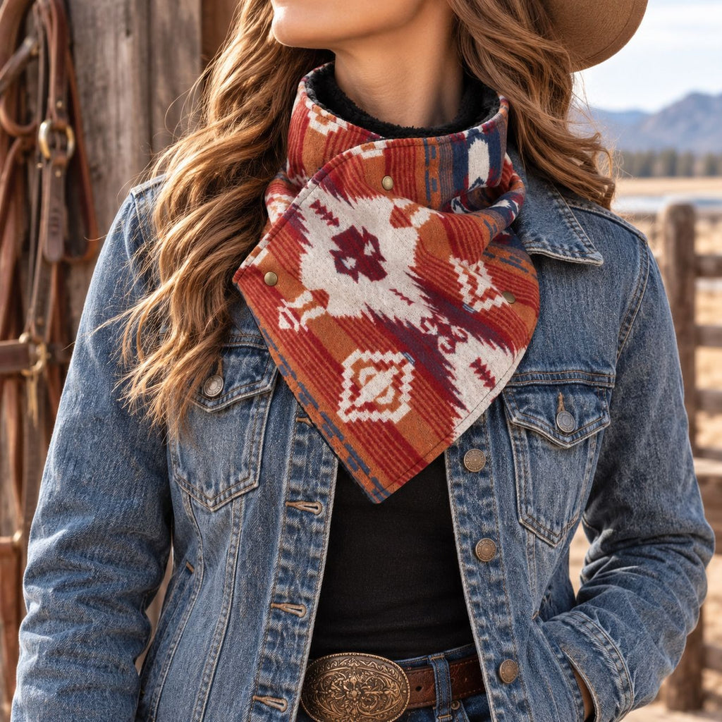 Southwestern Cowl Neck Warmer Scarf 36 x 9.5 Inch Rust Fleece Cowgirl