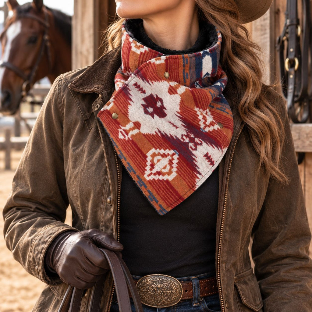 Southwestern Cowl Neck Warmer Scarf 36 x 9.5 Inch Rust Fleece Cowgirl