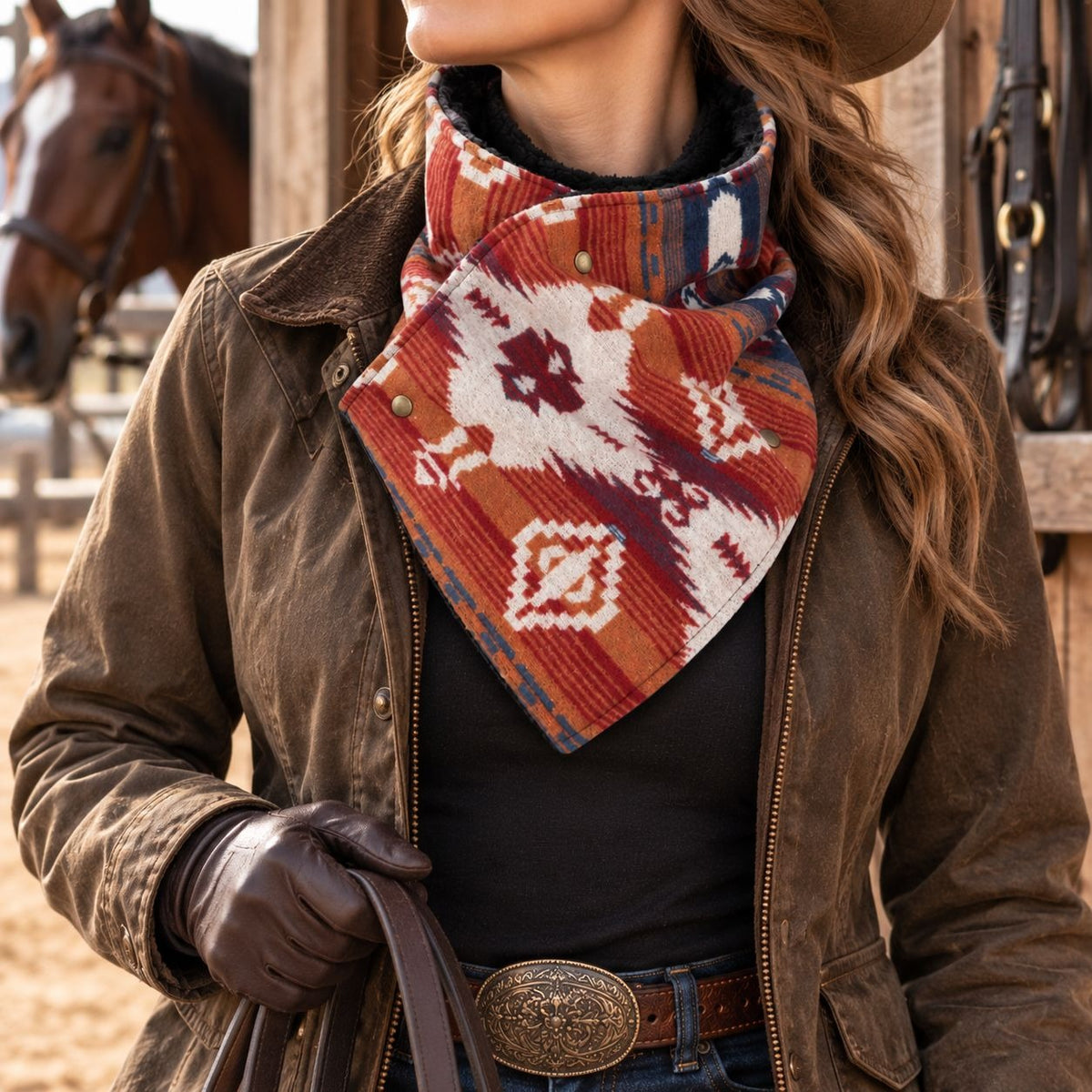 Southwestern Cowl Neck Warmer Scarf 36 x 9.5 Inch Rust Fleece Cowgirl