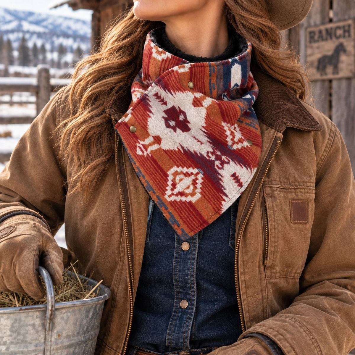 Southwestern Cowl Neck Warmer Scarf 36 x 9.5 Inch Rust Fleece Cowgirl