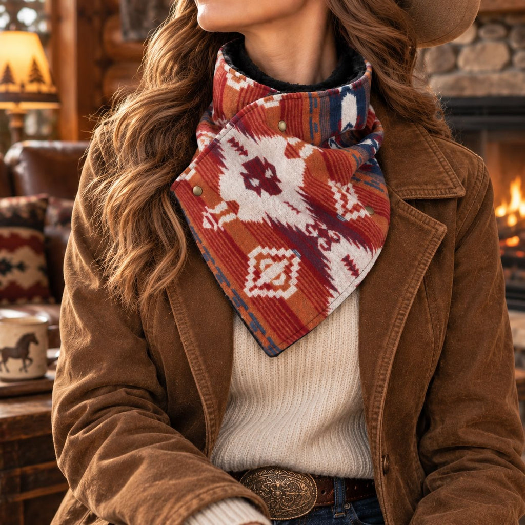 Southwestern Cowl Neck Warmer Scarf 36 x 9.5 Inch Rust Fleece Cowgirl