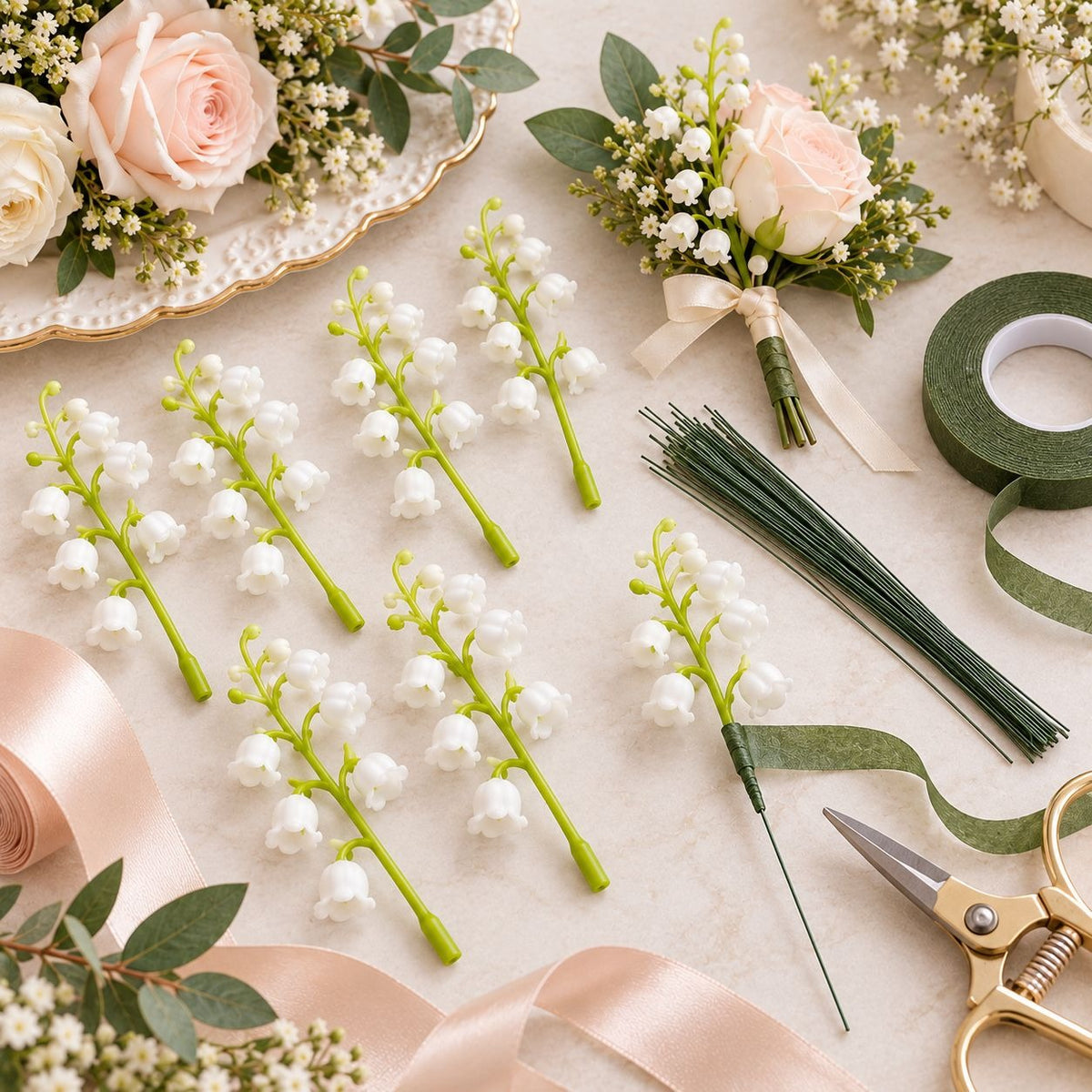 Artificial Lily of the Valley Picks, Set of 10, 4 Inch White Wedding Flowers