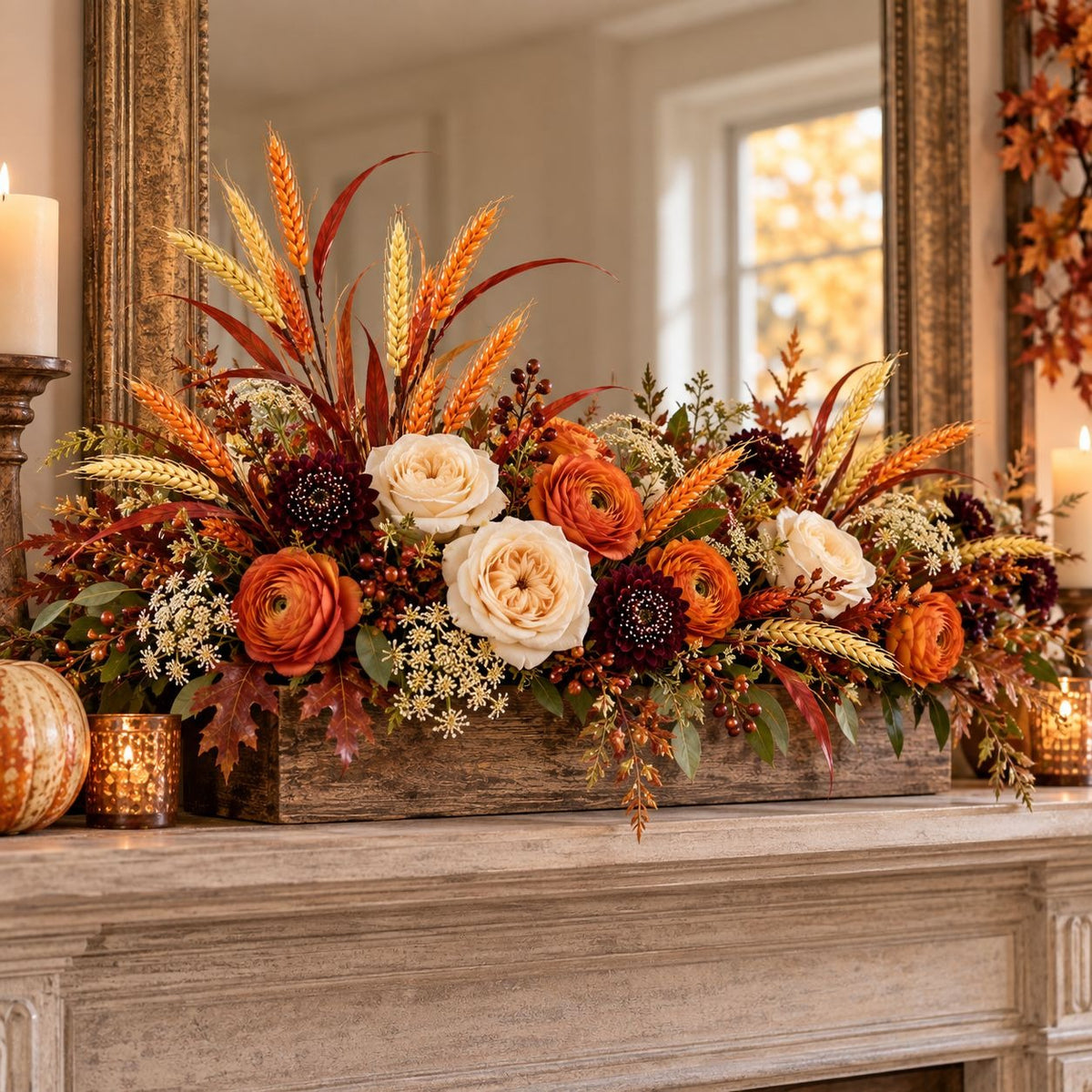 Faux Wheat Spray, 21 Inch, 10 Heads, Cream Orange Fall Decor